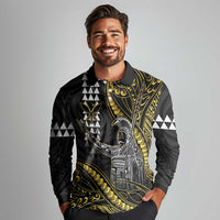 Hawaii King Kamehameha The Great Long Sleeve Polo Shirt Gold Tribal Tattoo
