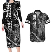 Hawaii King Kamehameha The Great Couples Matching Long Sleeve Bodycon Dress and Hawaiian Shirt Black Tribal Tattoo