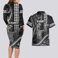 Hawaii King Kamehameha The Great Couples Matching Long Sleeve Bodycon Dress and Hawaiian Shirt Black Tribal Tattoo
