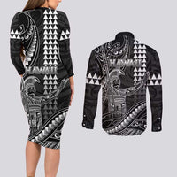 Hawaii King Kamehameha The Great Couples Matching Long Sleeve Bodycon Dress and Long Sleeve Button Shirt Black Tribal Tattoo