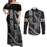 Hawaii King Kamehameha The Great Couples Matching Off Shoulder Maxi Dress and Long Sleeve Button Shirt Black Tribal Tattoo