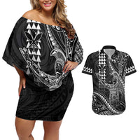 Hawaii King Kamehameha The Great Couples Matching Off Shoulder Short Dress and Hawaiian Shirt Black Tribal Tattoo
