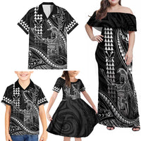 Hawaii King Kamehameha The Great Family Matching Off Shoulder Maxi Dress and Hawaiian Shirt Black Tribal Tattoo