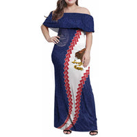 American Samoa Eagle Family Matching Off Shoulder Maxi Dress and Hawaiian Shirt Polynesian Tribal Pattern Curve Style LT05 Mom's Dress Blue - Polynesian Pride