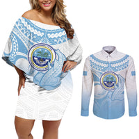 Micronesia Constitution Day Couples Matching Off Shoulder Short Dress and Long Sleeve Button Shirt Polynesian Tribal Tattoo Simple Style