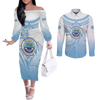Micronesia Constitution Day Couples Matching Off The Shoulder Long Sleeve Dress and Long Sleeve Button Shirt Polynesian Tribal Tattoo Simple Style LT05 Blue - Polynesian Pride