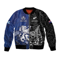 New Zealand And Scotland Rugby Custom Bomber Jacket Maori Tiki With Thistle Together