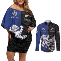 New Zealand And Scotland Rugby Custom Couples Matching Off Shoulder Short Dress and Long Sleeve Button Shirt Maori Tiki With Thistle Together
