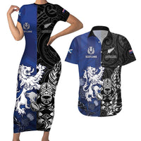 New Zealand And Scotland Rugby Custom Couples Matching Short Sleeve Bodycon Dress and Hawaiian Shirt Maori Tiki With Thistle Together