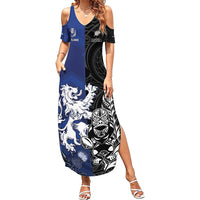 New Zealand And Scotland Rugby Custom Family Matching Summer Maxi Dress and Hawaiian Shirt Maori Tiki With Thistle Together