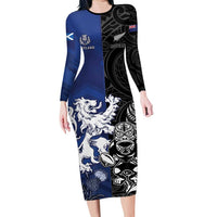 New Zealand And Scotland Rugby Custom Long Sleeve Bodycon Dress Maori Tiki With Thistle Together
