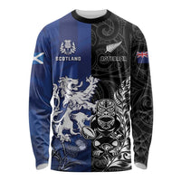 New Zealand And Scotland Rugby Custom Long Sleeve Shirt Maori Tiki With Thistle Together
