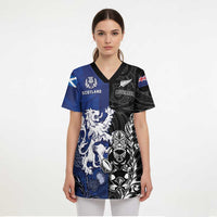 New Zealand And Scotland Rugby Custom Scrub Top Maori Tiki With Thistle Together - Polynesian Pride