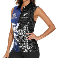 New Zealand And Scotland Rugby Custom Women Sleeveless Polo Shirt Maori Tiki With Thistle Together