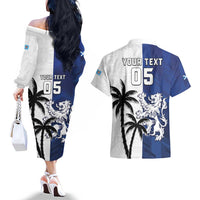 Fiji And Scotland Rugby Custom Couples Matching Off The Shoulder Long Sleeve Dress and Hawaiian Shirt Fijian Palm Tree With Thistle Together