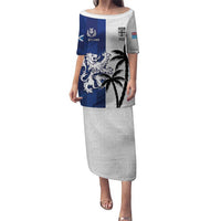 Fiji And Scotland Rugby Custom Puletasi Fijian Palm Tree With Thistle Together LT05 Long Dress Blue - Polynesian Pride