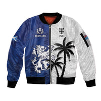 Fiji And Scotland Rugby Custom Sleeve Zip Bomber Jacket Fijian Palm Tree With Thistle Together