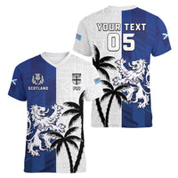 Fiji And Scotland Rugby Custom Women V-Neck T-Shirt Fijian Palm Tree With Thistle Together