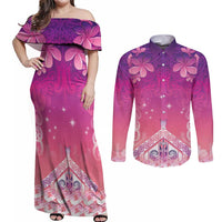 New Zealand Matariki Couples Matching Off Shoulder Maxi Dress and Long Sleeve Button Shirt Maori Marae Purple Galaxy