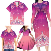 New Zealand Matariki Family Matching Long Sleeve Bodycon Dress and Hawaiian Shirt Maori Marae Purple Galaxy
