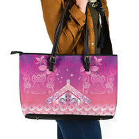 New Zealand Matariki Leather Tote Bag Maori Marae Purple Galaxy