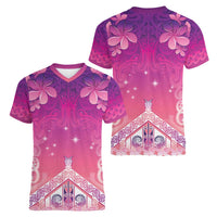 New Zealand Matariki Women V-Neck T-Shirt Maori Marae Purple Galaxy