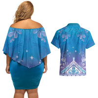 New Zealand Matariki Couples Matching Off Shoulder Short Dress and Hawaiian Shirt Maori Marae Cyan Galaxy