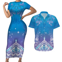 New Zealand Matariki Couples Matching Short Sleeve Bodycon Dress and Hawaiian Shirt Maori Marae Cyan Galaxy