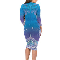 New Zealand Matariki Family Matching Long Sleeve Bodycon Dress and Hawaiian Shirt Maori Marae Cyan Galaxy