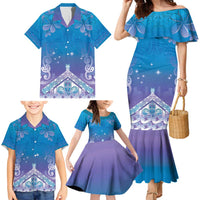 New Zealand Matariki Family Matching Mermaid Dress and Hawaiian Shirt Maori Marae Cyan Galaxy