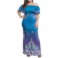 New Zealand Matariki Family Matching Off Shoulder Maxi Dress and Hawaiian Shirt Maori Marae Cyan Galaxy