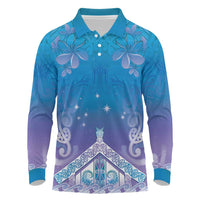 New Zealand Matariki Long Sleeve Polo Shirt Maori Marae Cyan Galaxy