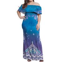 New Zealand Matariki Off Shoulder Maxi Dress Maori Marae Cyan Galaxy