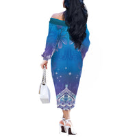 New Zealand Matariki Off The Shoulder Long Sleeve Dress Maori Marae Cyan Galaxy