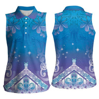 New Zealand Matariki Women Sleeveless Polo Shirt Maori Marae Cyan Galaxy