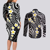 Plumeria With Black Polynesian Tattoo Pattern Couples Matching Long Sleeve Bodycon Dress and Long Sleeve Button Shirt