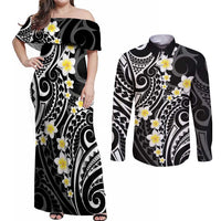 Plumeria With Black Polynesian Tattoo Pattern Couples Matching Off Shoulder Maxi Dress and Long Sleeve Button Shirt