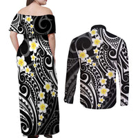 Plumeria With Black Polynesian Tattoo Pattern Couples Matching Off Shoulder Maxi Dress and Long Sleeve Button Shirt
