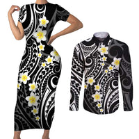 Plumeria With Black Polynesian Tattoo Pattern Couples Matching Short Sleeve Bodycon Dress and Long Sleeve Button Shirt