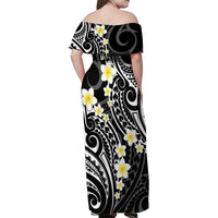 Plumeria With Black Polynesian Tattoo Pattern Family Matching Off Shoulder Maxi Dress and Hawaiian Shirt