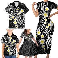 Plumeria With Black Polynesian Tattoo Pattern Family Matching Short Sleeve Bodycon Dress and Hawaiian Shirt
