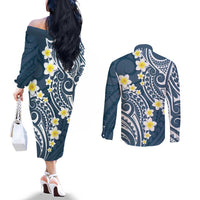 Plumeria With Blue Polynesian Tattoo Pattern Couples Matching Off The Shoulder Long Sleeve Dress and Long Sleeve Button Shirt