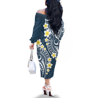 Plumeria With Blue Polynesian Tattoo Pattern Family Matching Off The Shoulder Long Sleeve Dress and Hawaiian Shirt