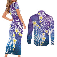 Plumeria With Galaxy Polynesian Tattoo Pattern Couples Matching Short Sleeve Bodycon Dress and Long Sleeve Button Shirt