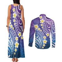 Plumeria With Galaxy Polynesian Tattoo Pattern Couples Matching Tank Maxi Dress and Long Sleeve Button Shirt