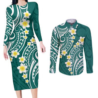 Plumeria With Teal Polynesian Tattoo Pattern Couples Matching Long Sleeve Bodycon Dress and Long Sleeve Button Shirt
