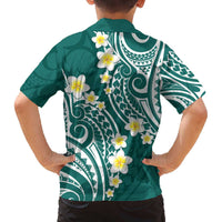 Plumeria With Teal Polynesian Tattoo Pattern Family Matching Off The Shoulder Long Sleeve Dress and Hawaiian Shirt