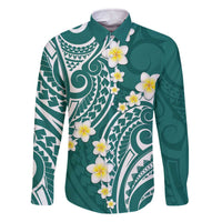 Plumeria With Teal Polynesian Tattoo Pattern Family Matching Off Shoulder Short Dress and Hawaiian Shirt LT05 Dad's Shirt - Long Sleeve Teal - Polynesian Pride