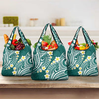 Plumeria With Teal Polynesian Tattoo Pattern Grocery Bag