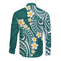 Plumeria With Teal Polynesian Tattoo Pattern Long Sleeve Button Shirt LT05 - Polynesian Pride